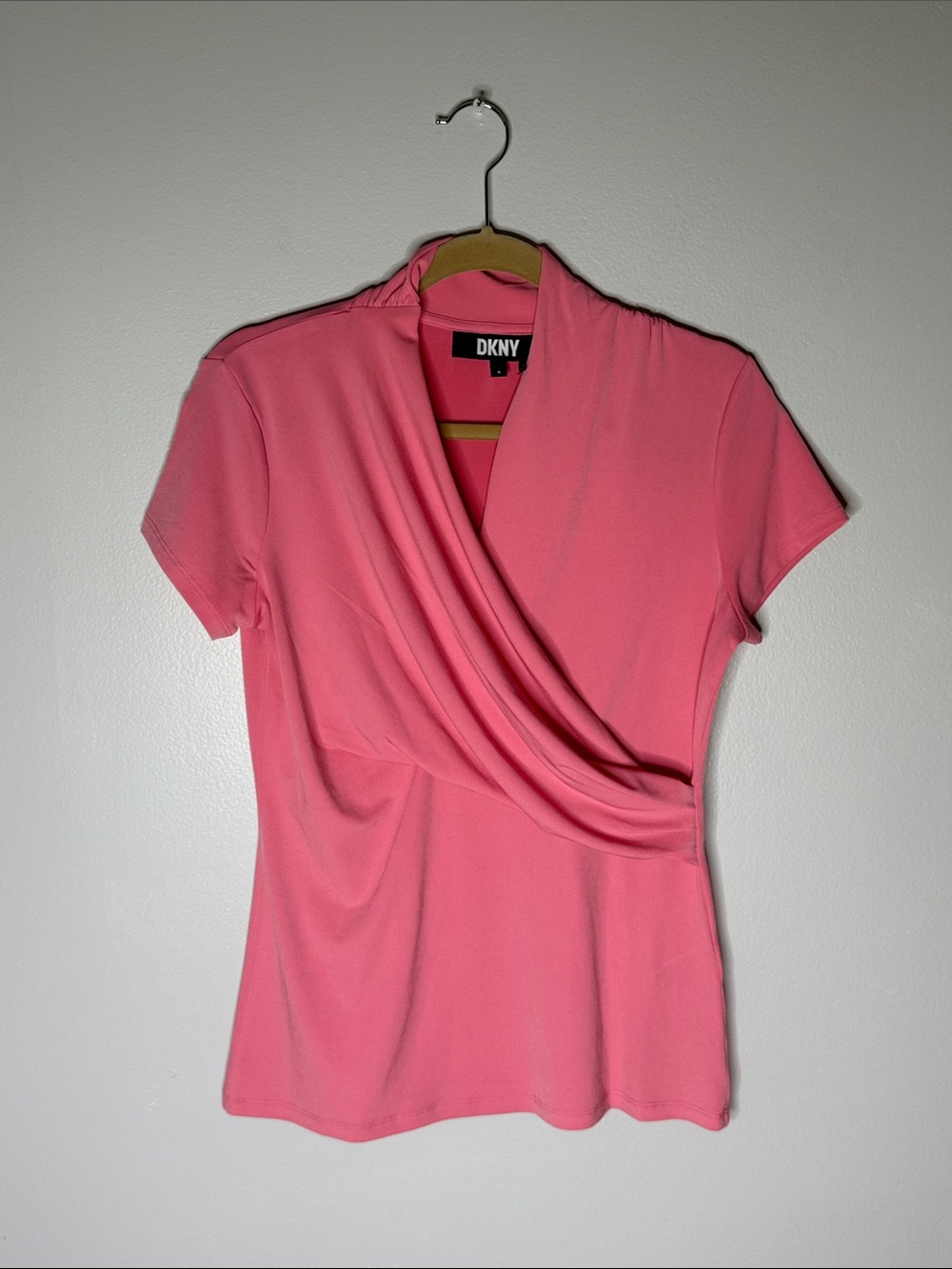 DKNY Coral Pink Short-Sleeve Draped Wrap Top Size Medium